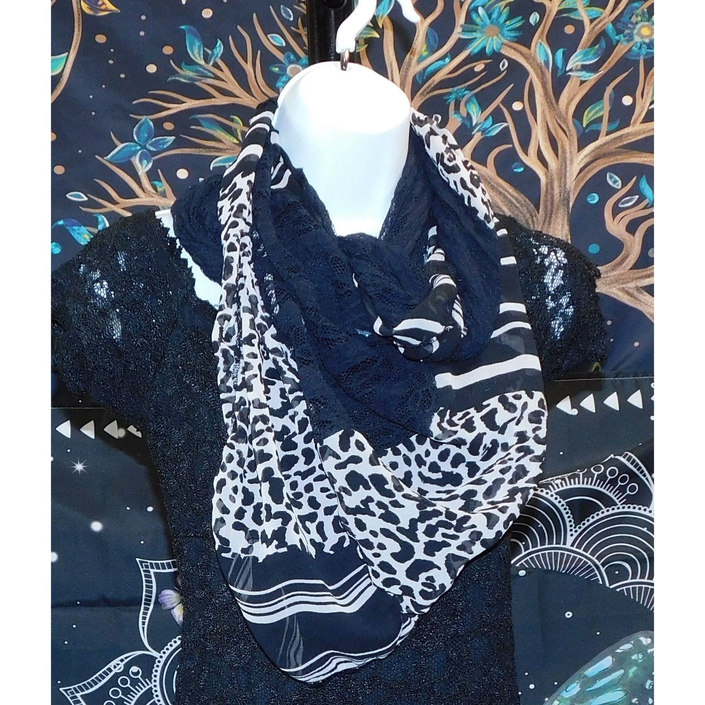Black Lace & Animal Print Infinity Scarf With Abstract Pattern