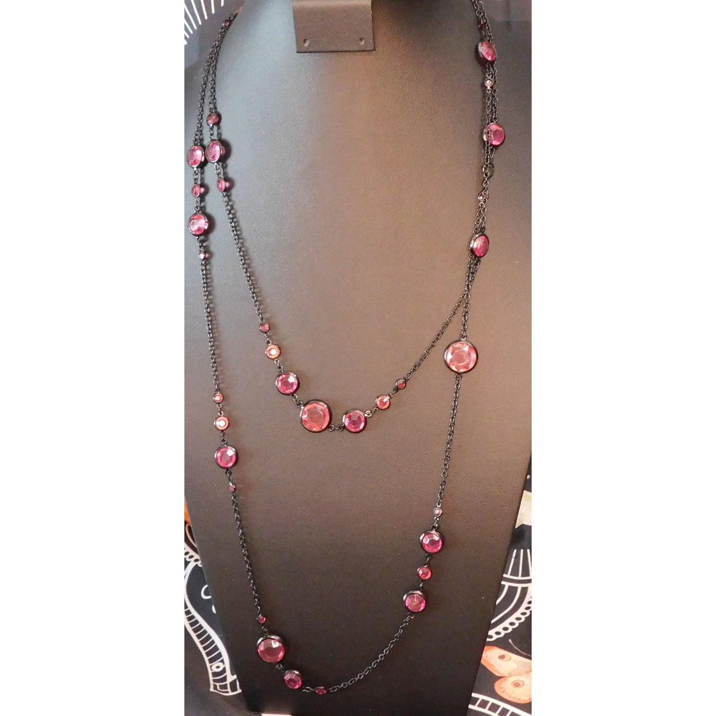 Gothic Gemmed Opera Necklace With Pink Gem Stations