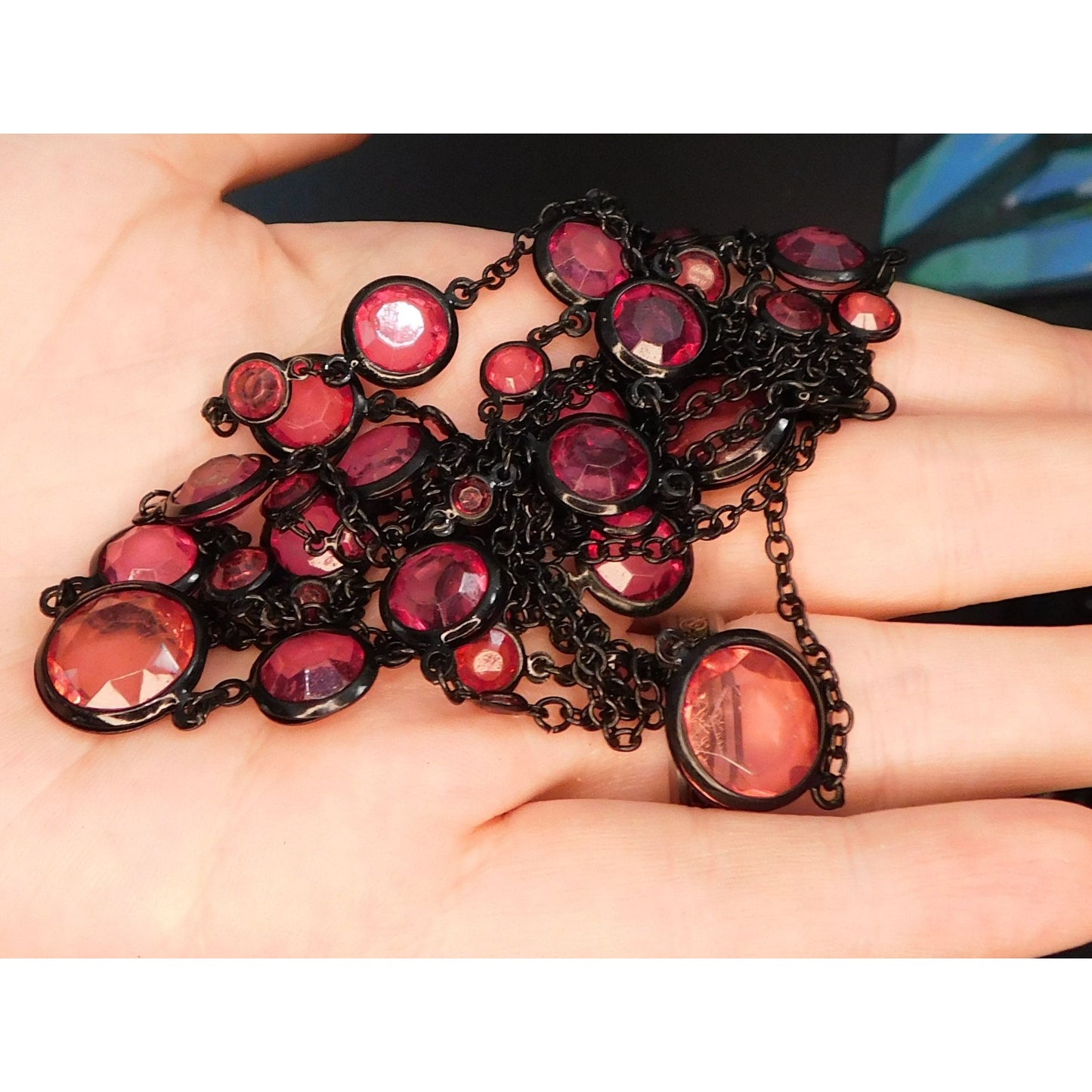 Gothic Gemmed Opera Necklace With Pink Gem Stations
