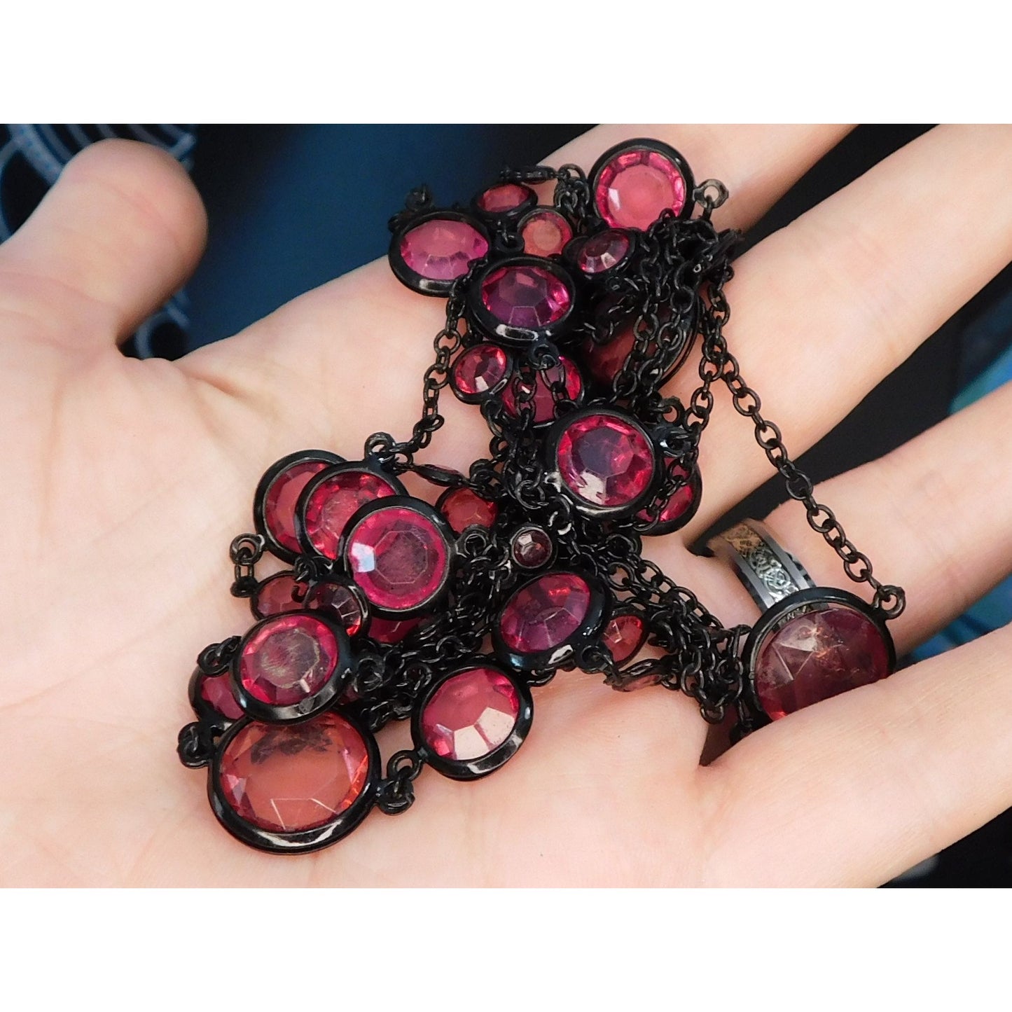 Gothic Gemmed Opera Necklace With Pink Gem Stations