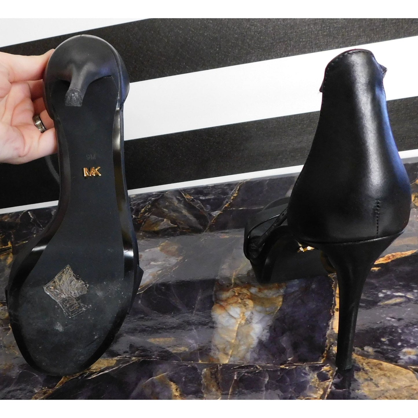 Michael Michael Kors Black Leather Strap Stiletto Heels Size 9M With 4.5-Inch Heel Height