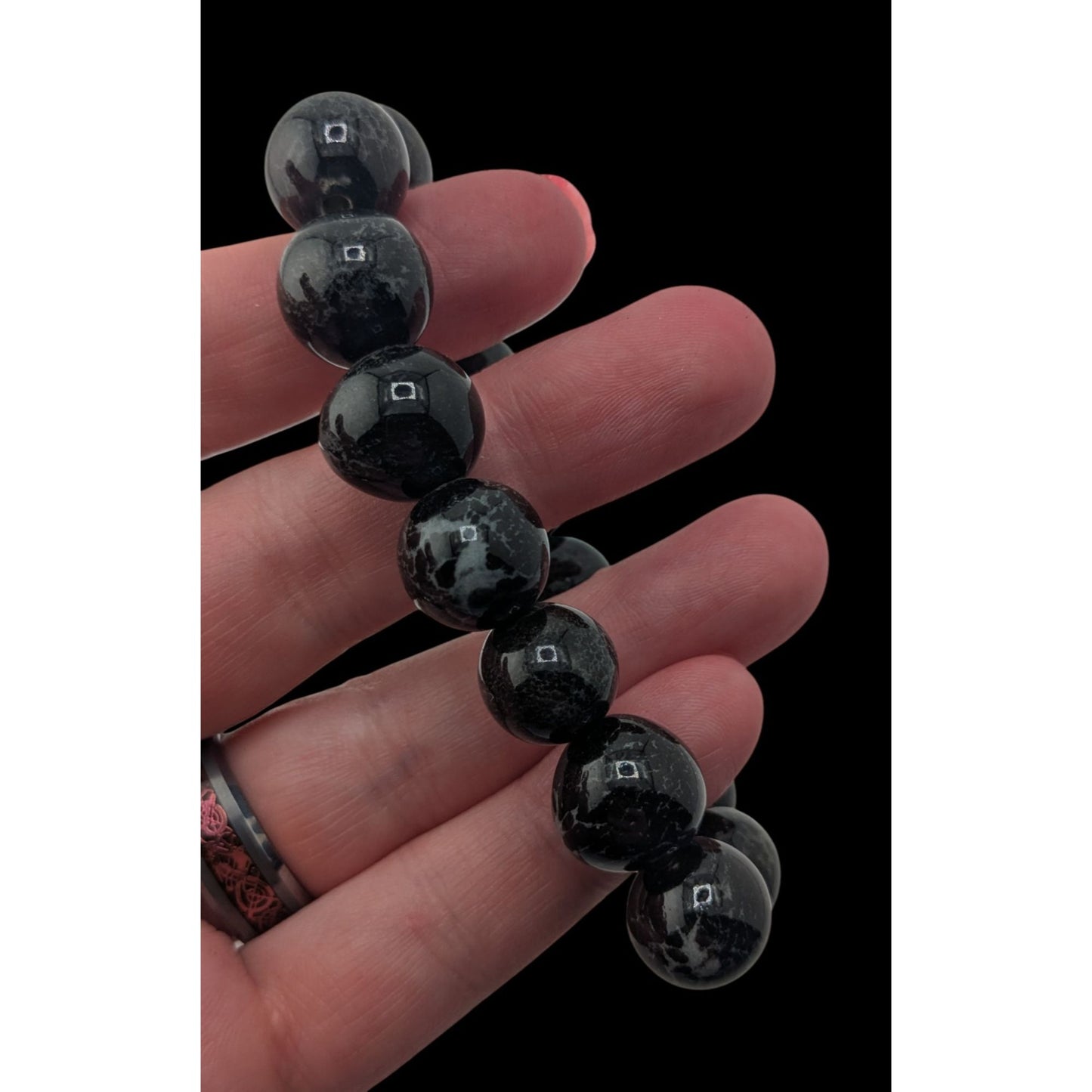 Goth Black Ceramic Beaded Bracelet Speckled Round Beads Stretch Statement Jewelry