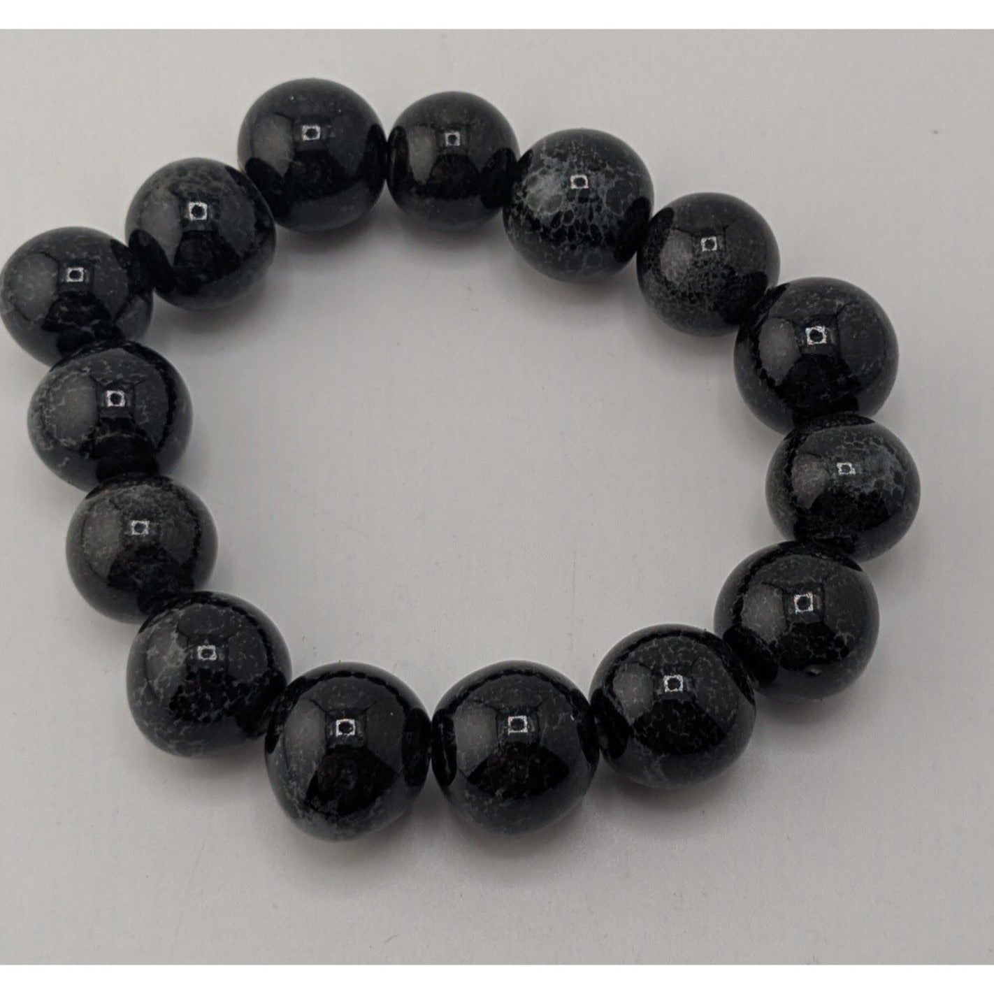 Goth Black Ceramic Beaded Bracelet Speckled Round Beads Stretch Statement Jewelry