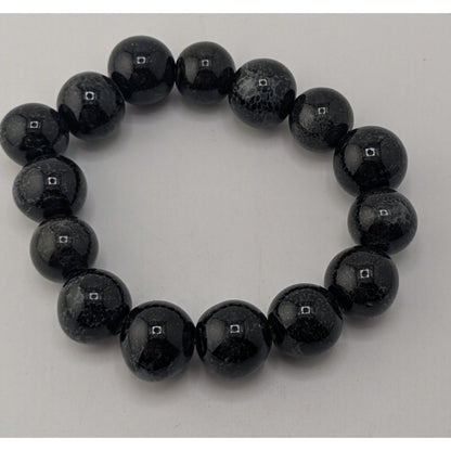 Goth Black Ceramic Beaded Bracelet Speckled Round Beads Stretch Statement Jewelry