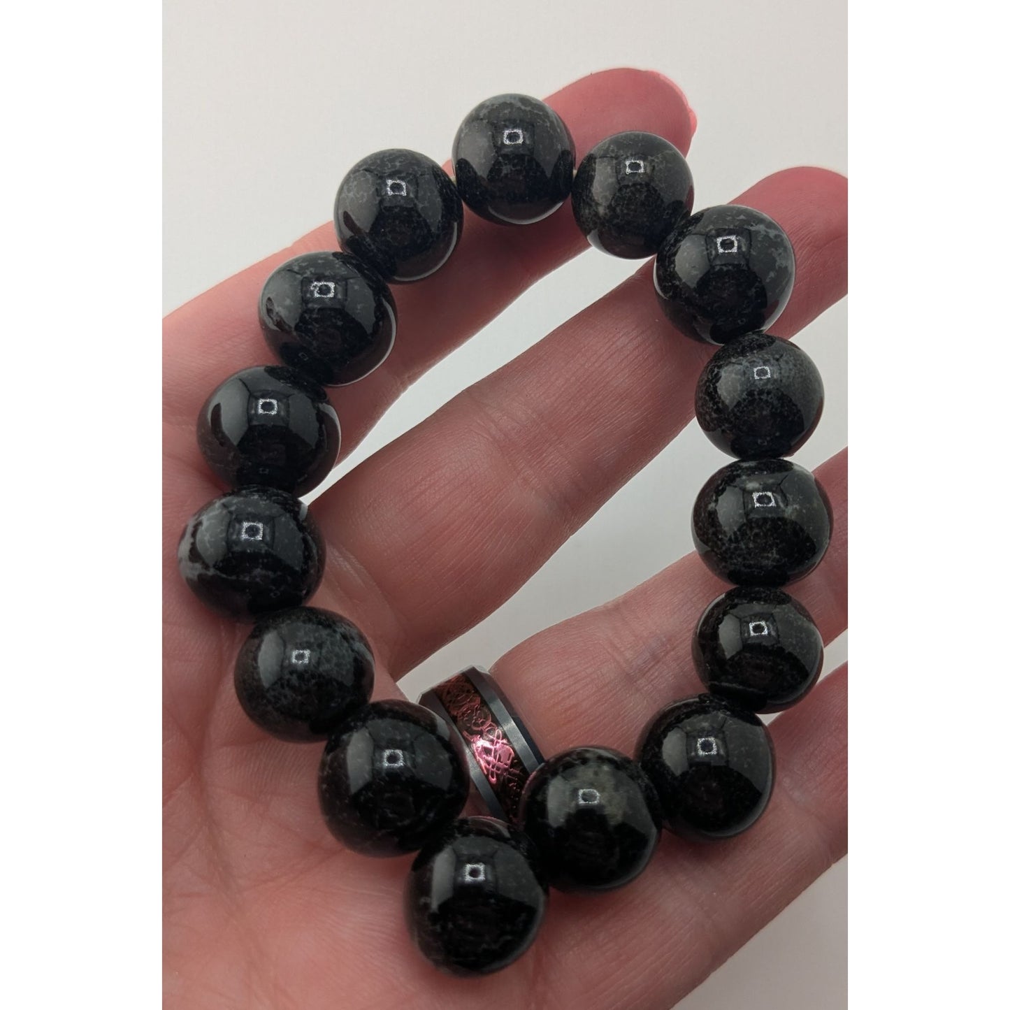 Goth Black Ceramic Beaded Bracelet Speckled Round Beads Stretch Statement Jewelry