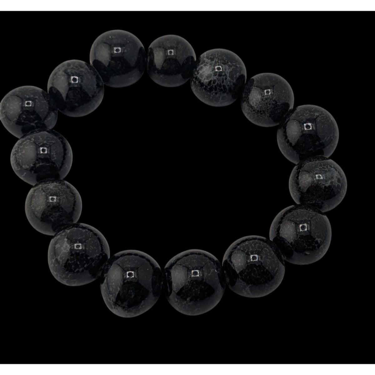 Goth Black Ceramic Beaded Bracelet Speckled Round Beads Stretch Statement Jewelry