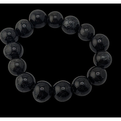 Goth Black Ceramic Beaded Bracelet Speckled Round Beads Stretch Statement Jewelry