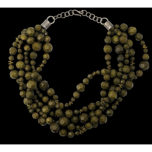 Vintage Olive Green Multi-Strand Faceted Beaded Necklace