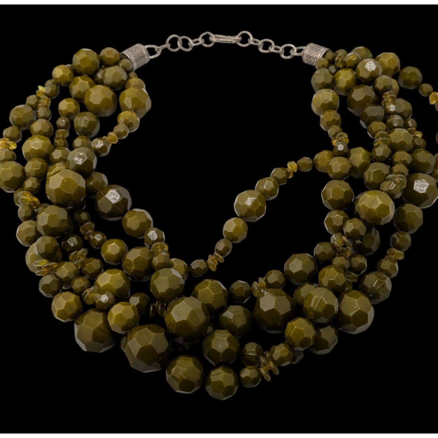 Vintage Olive Green Multi-Strand Faceted Beaded Necklace