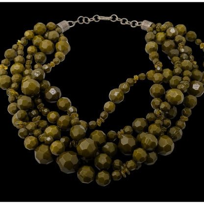 Vintage Olive Green Multi-Strand Faceted Beaded Necklace