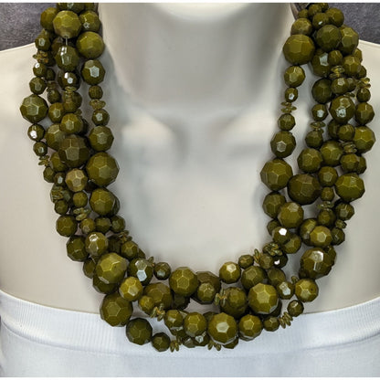 Vintage Olive Green Multi-Strand Faceted Beaded Necklace