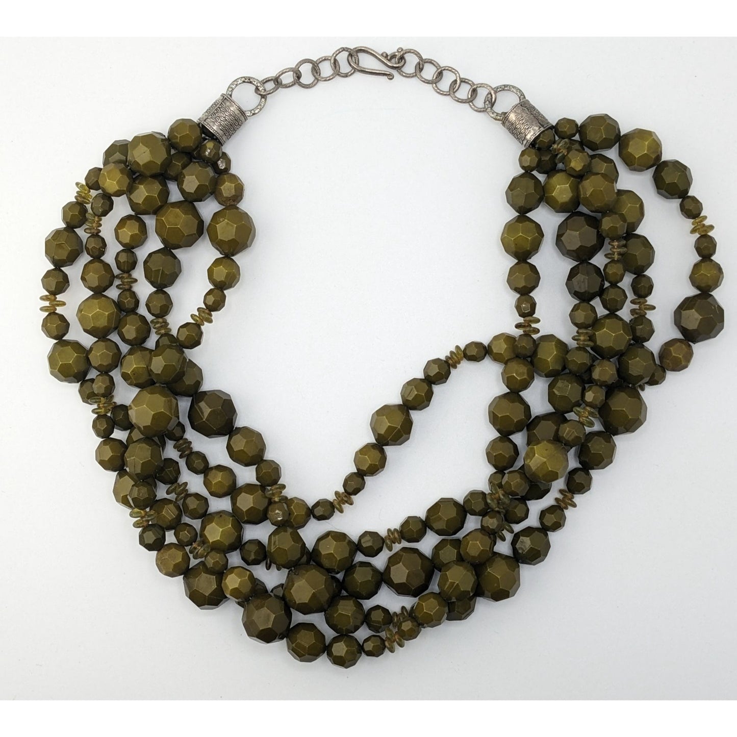 Vintage Olive Green Multi-Strand Faceted Beaded Necklace