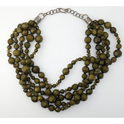 Vintage Olive Green Multi-Strand Faceted Beaded Necklace