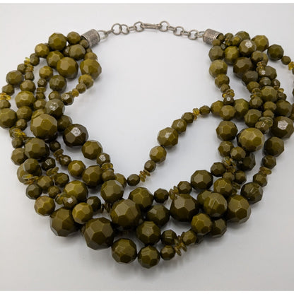 Vintage Olive Green Multi-Strand Faceted Beaded Necklace