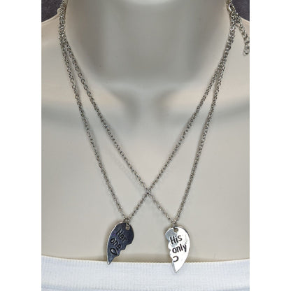 Couples Half Heart Necklace Set Her One His Only Silver Tone