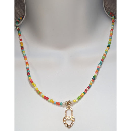 Coquette Kidcore Y2K Handmade Rainbow Seed Bead Necklace Rhinestone Heart Lock Charm