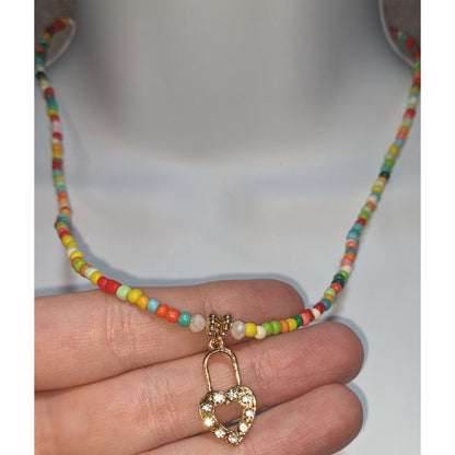 Coquette Kidcore Y2K Handmade Rainbow Seed Bead Necklace Rhinestone Heart Lock Charm