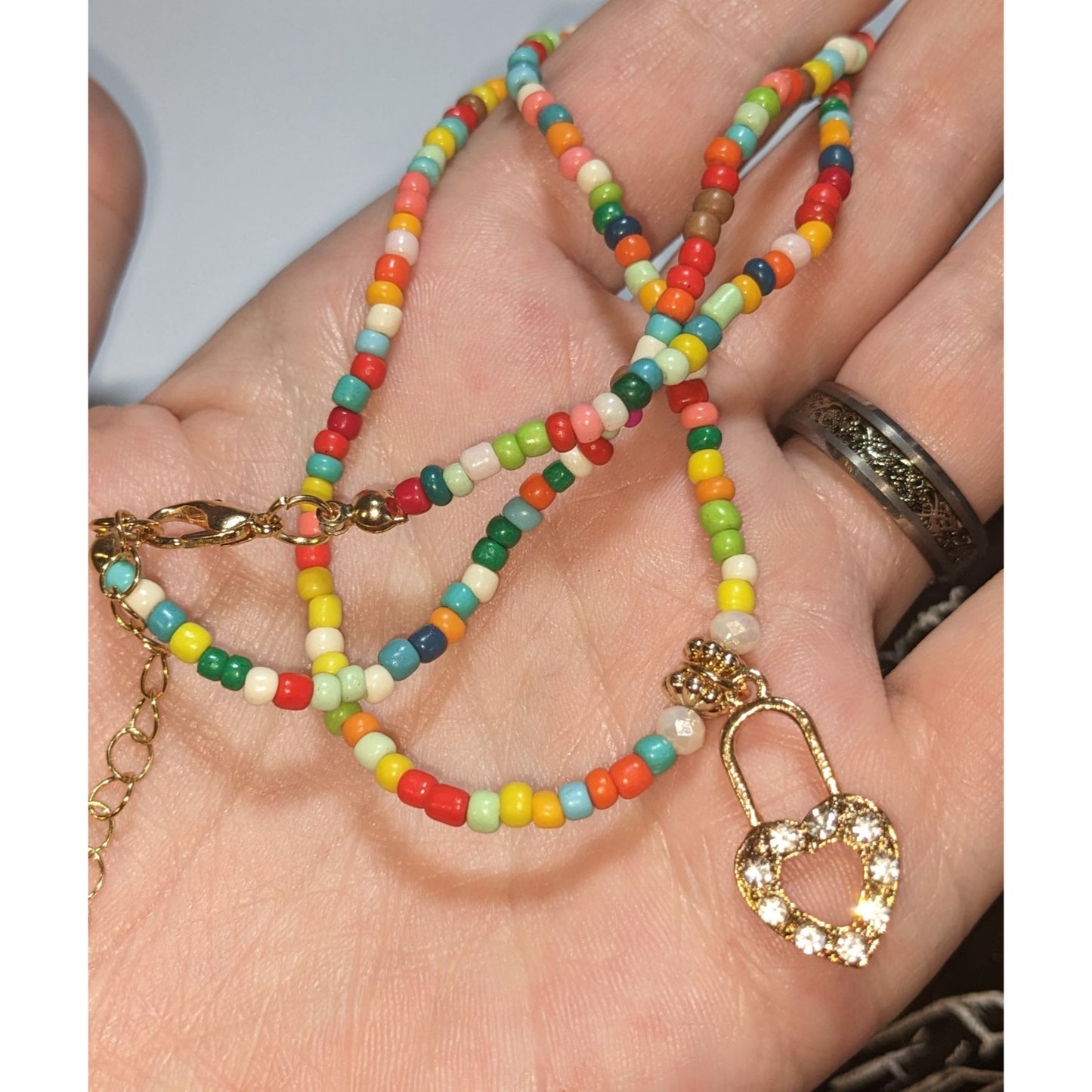 Coquette Kidcore Y2K Handmade Rainbow Seed Bead Necklace Rhinestone Heart Lock Charm