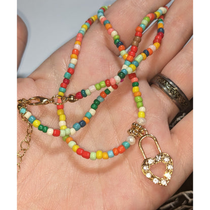 Coquette Kidcore Y2K Handmade Rainbow Seed Bead Necklace Rhinestone Heart Lock Charm