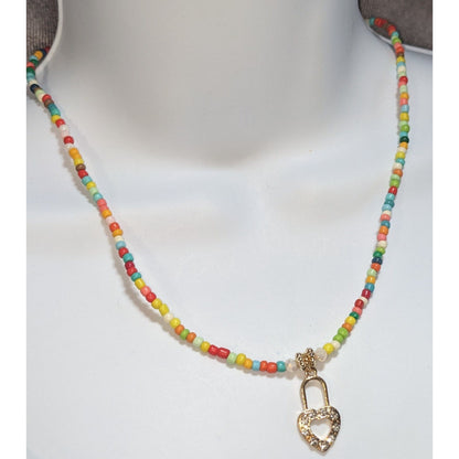 Coquette Kidcore Y2K Handmade Rainbow Seed Bead Necklace Rhinestone Heart Lock Charm