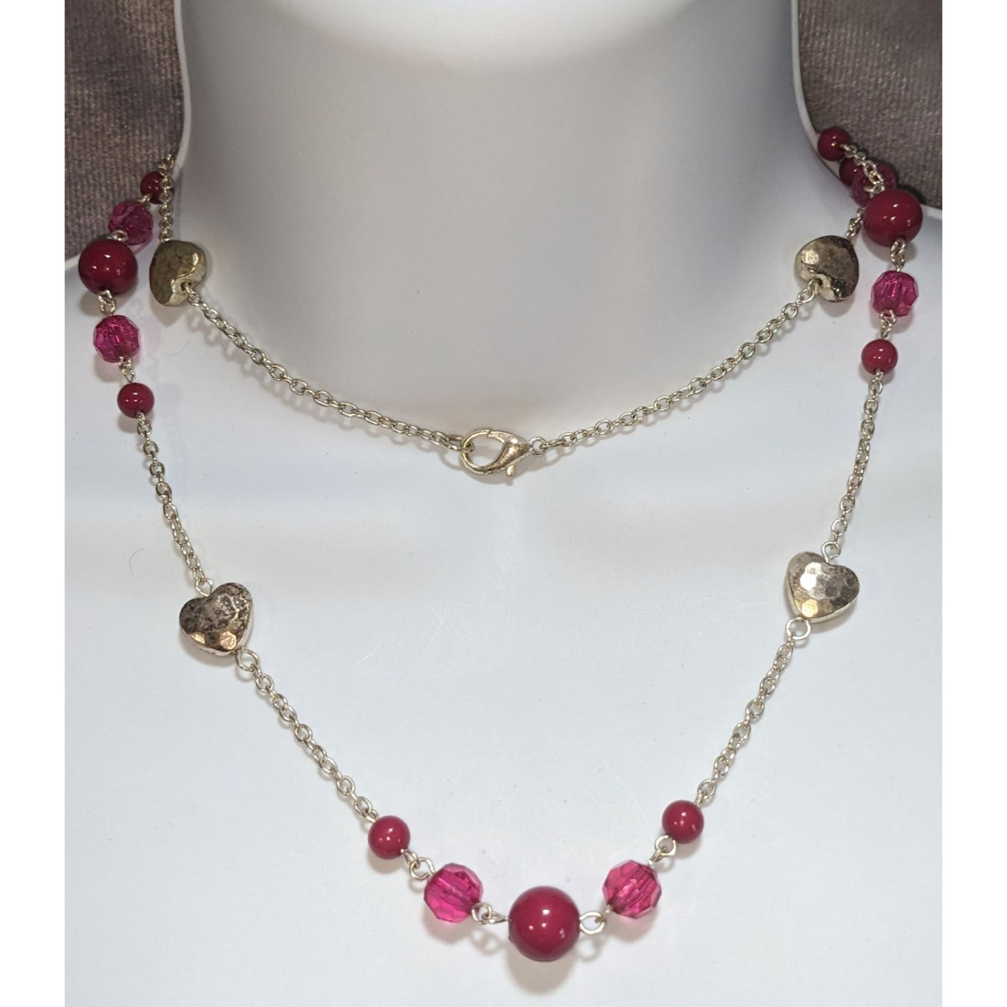 Coquette Y2K Romantic Heart Beaded Pink & Silver Double Strand Necklace