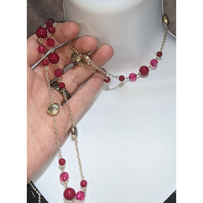 Coquette Y2K Romantic Heart Beaded Pink & Silver Double Strand Necklace