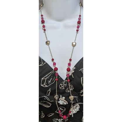 Coquette Y2K Romantic Heart Beaded Pink & Silver Double Strand Necklace
