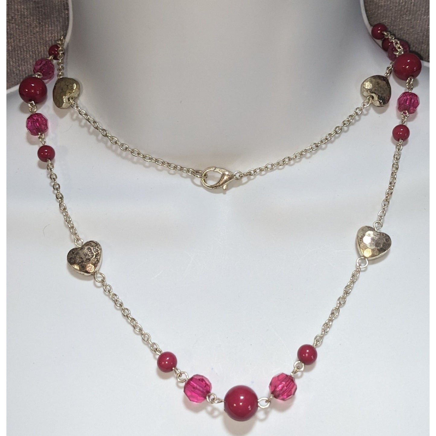 Coquette Y2K Romantic Heart Beaded Pink & Silver Double Strand Necklace