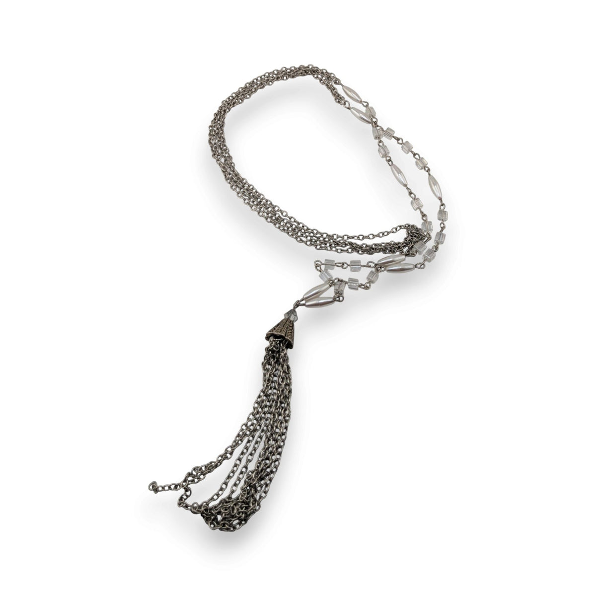 Boho Glam Silver Tone Glass Faux Pearl Layered Chain Tassel Necklace 31 Inch