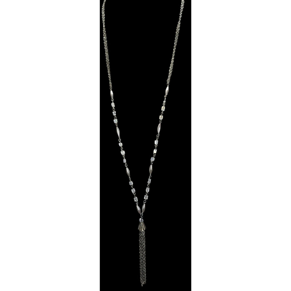 Boho Glam Silver Tone Glass Faux Pearl Layered Chain Tassel Necklace 31 Inch