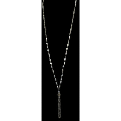 Boho Glam Silver Tone Glass Faux Pearl Layered Chain Tassel Necklace 31 Inch