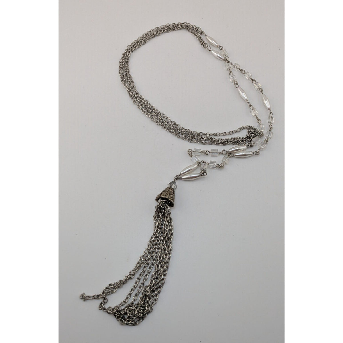 Boho Glam Silver Tone Glass Faux Pearl Layered Chain Tassel Necklace 31 Inch