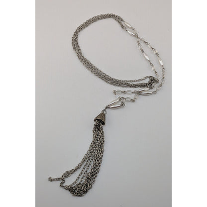Boho Glam Silver Tone Glass Faux Pearl Layered Chain Tassel Necklace 31 Inch