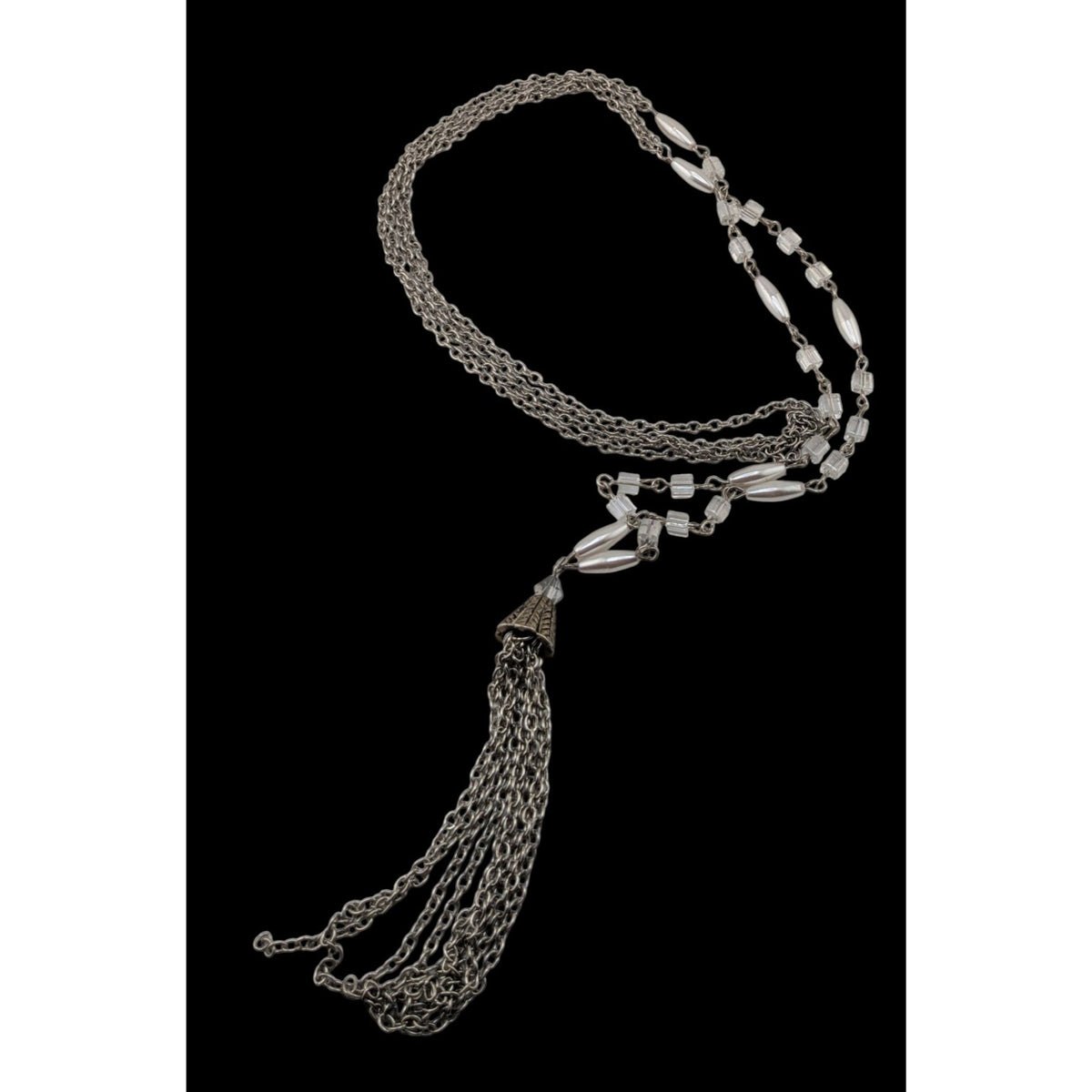 Boho Glam Silver Tone Glass Faux Pearl Layered Chain Tassel Necklace 31 Inch