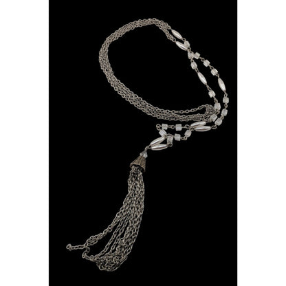 Boho Glam Silver Tone Glass Faux Pearl Layered Chain Tassel Necklace 31 Inch