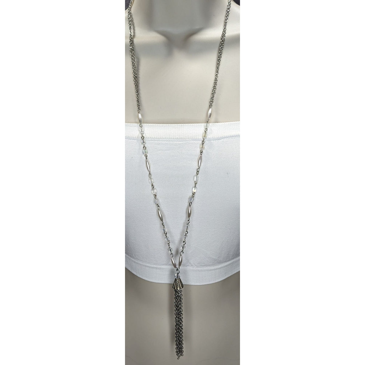 Boho Glam Silver Tone Glass Faux Pearl Layered Chain Tassel Necklace 31 Inch