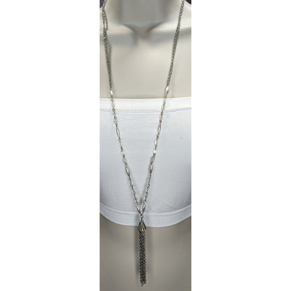 Boho Glam Silver Tone Glass Faux Pearl Layered Chain Tassel Necklace 31 Inch