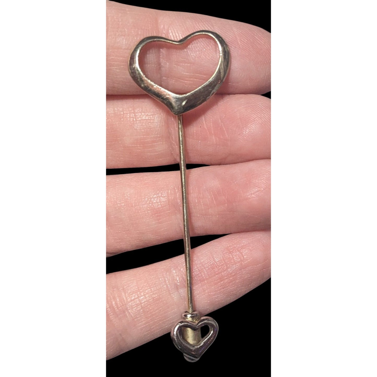 Vintage Double Open Heart Silver Tone Stick Pin