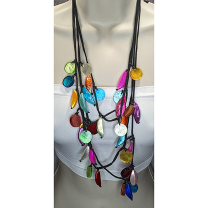 Layered Beaded Shell Necklace Rainbow Acrylic Charm Festival Beach Glam