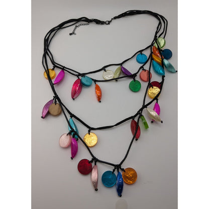 Layered Beaded Shell Necklace Rainbow Acrylic Charm Festival Beach Glam