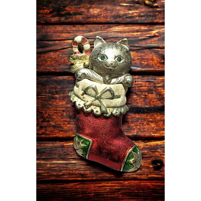 Vintage Danecraft Cat In Stocking Brooch