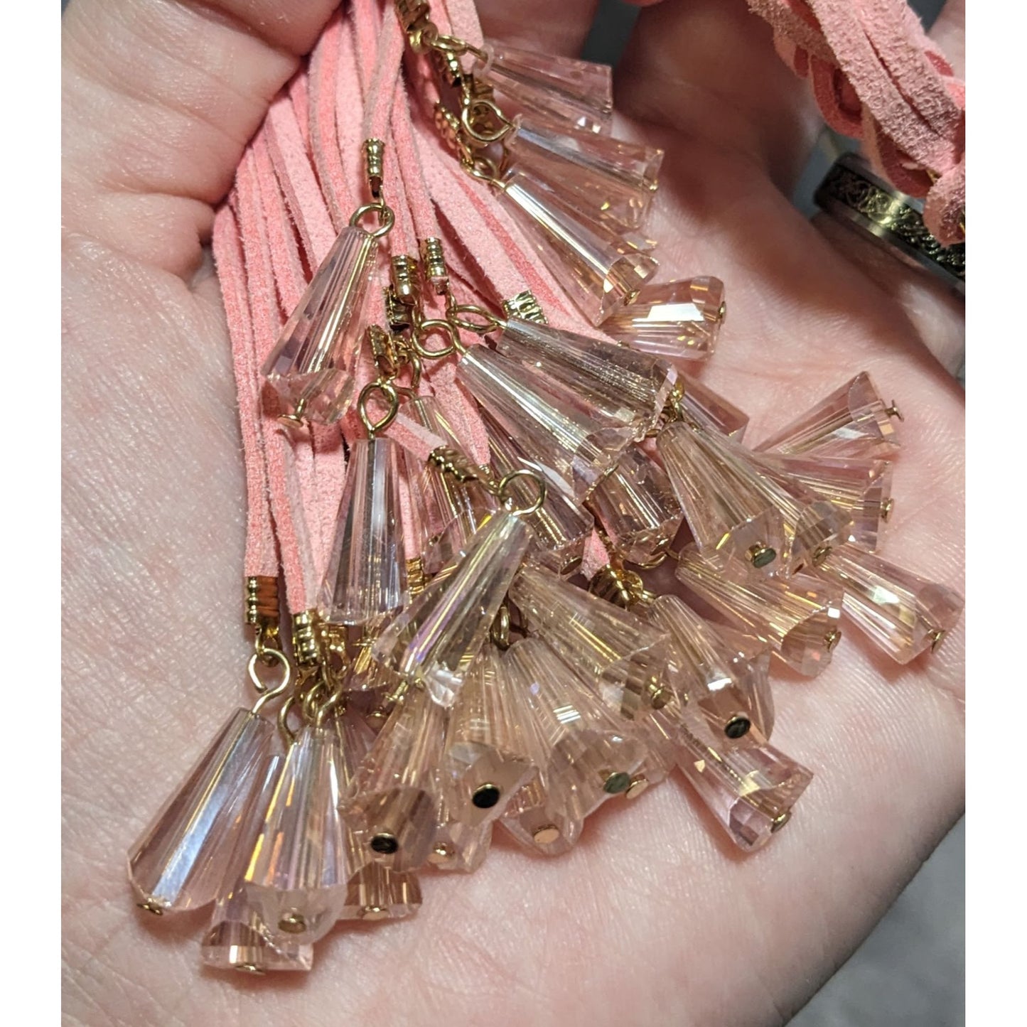 Pink Suede Beaded Fringe Necklace