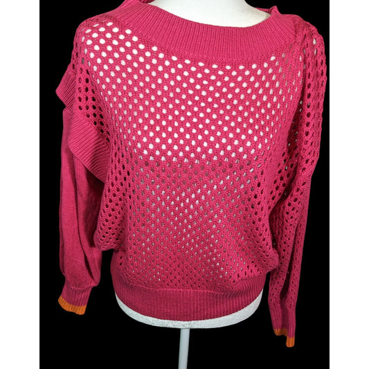 Velez Artisan Pink Asymmetrical Sweater With Orange Cuffs