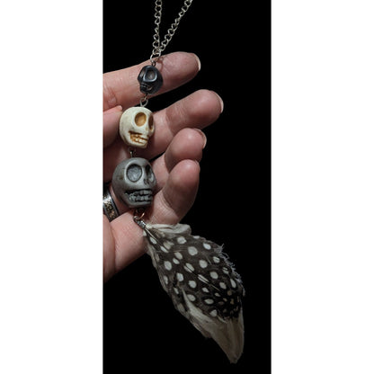 Triple Skull Beaded Feather Pendant Necklace