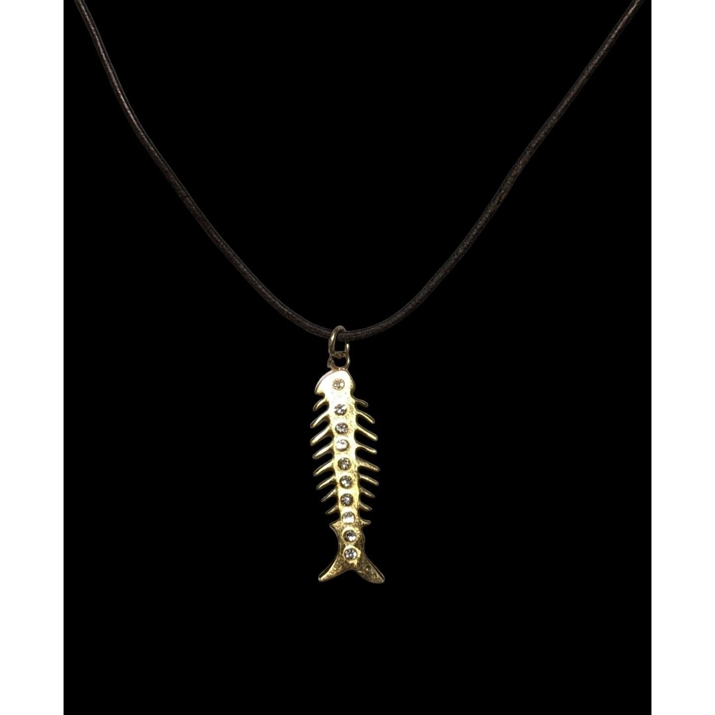 Glam Goth Fishbone Gold Sterling Pendant Necklace