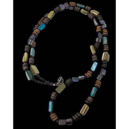 Boho Long Iridescent Shell Beaded Necklace Earthy Multicolor Tribal Festival Jewelry