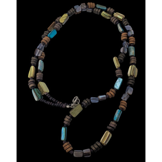 Boho Long Iridescent Shell Beaded Necklace Earthy Multicolor Tribal Festival Jewelry