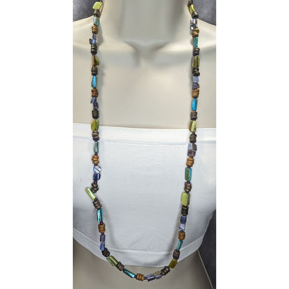 Boho Long Iridescent Shell Beaded Necklace Earthy Multicolor Tribal Festival Jewelry