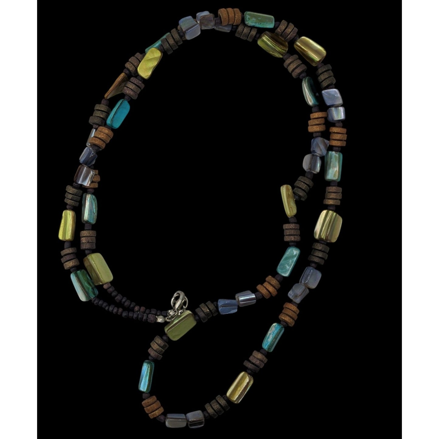 Boho Long Iridescent Shell Beaded Necklace Earthy Multicolor Tribal Festival Jewelry