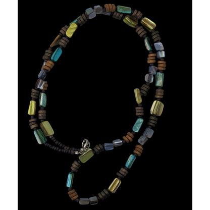 Boho Long Iridescent Shell Beaded Necklace Earthy Multicolor Tribal Festival Jewelry